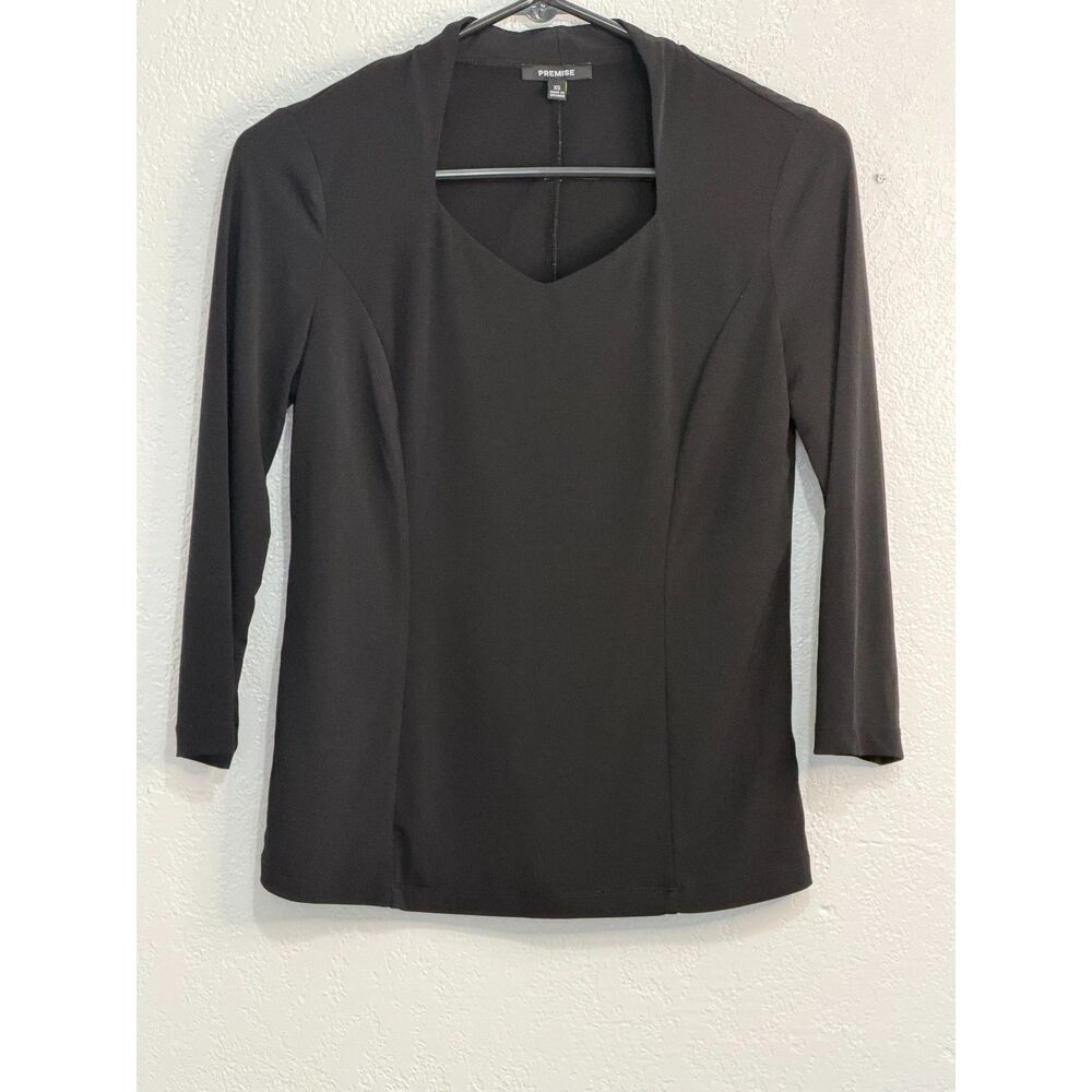 Premise Black V Neck Career Blouse XS Stretch Minimalist Office Top